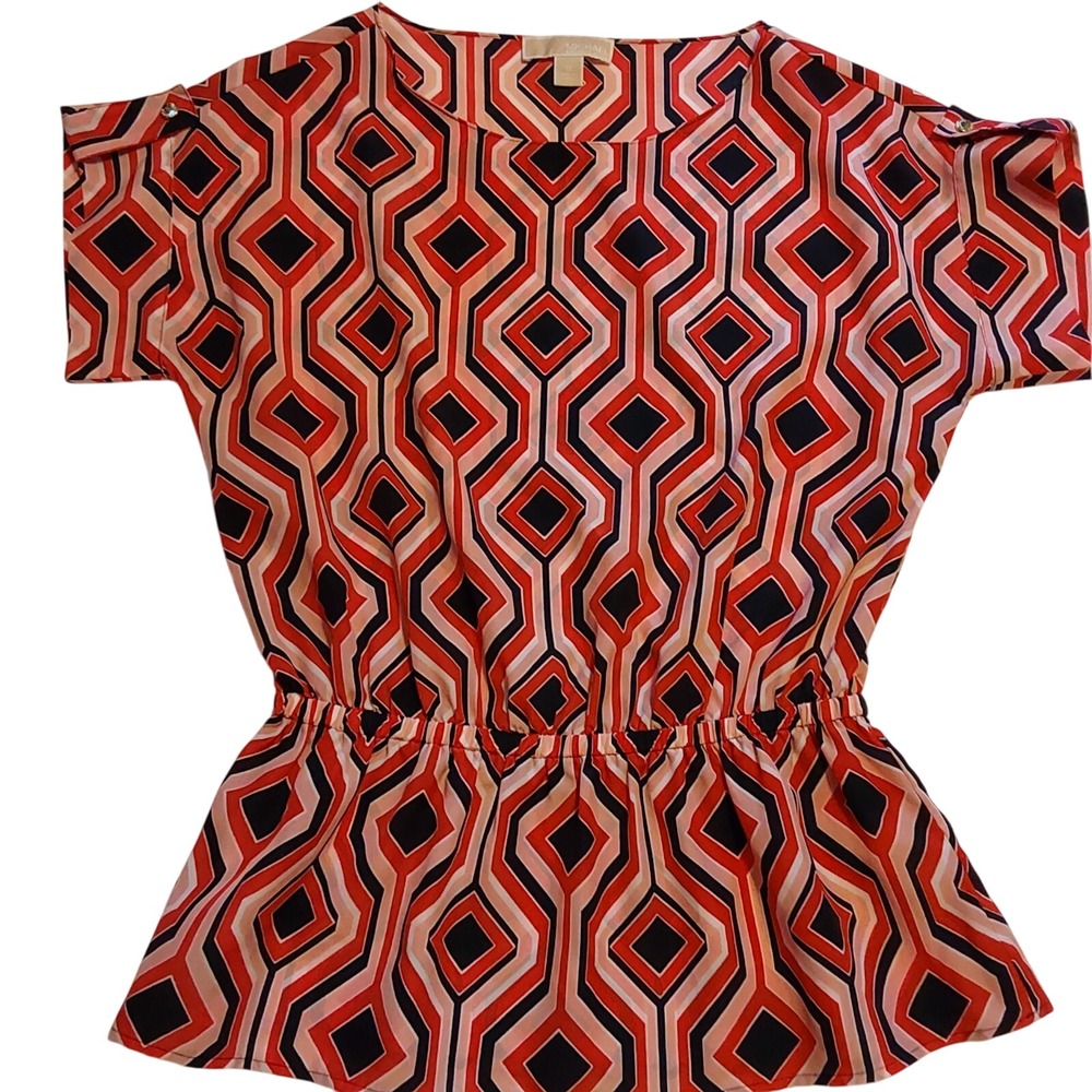Michael Kors Womens Short Sleeve Blouse Retro Elastic Waist Pink-Multi Top Sz 10